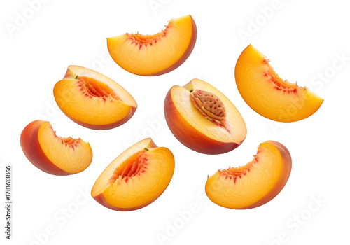Floating Slice juicy peaches fresh, isolated on white or transparent background. PNG