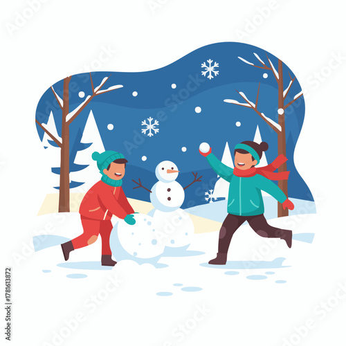 Kids Playing in the Snow

Whimsical flat vector of children building a snowman and throwing snowballs in a park
