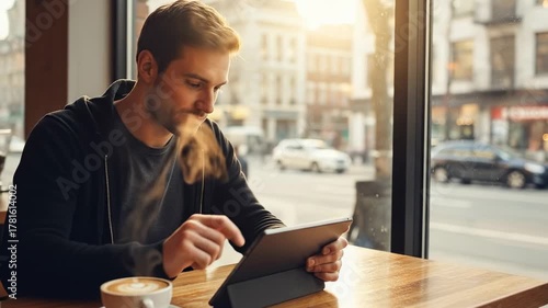 Young man enjoying coffee and browsing on his tablet in a cozy cafe.