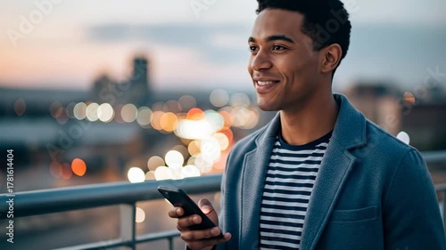 Young man smiling and looking at his phone with city lights in the background at dusk.
