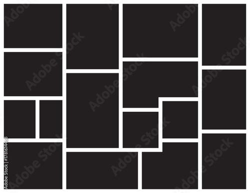 Modern vector collage template. Photo collage geometric frame effect mockup. Mood Board grid arrangement for presentation. Photo album page or composition of a photo on the wall.