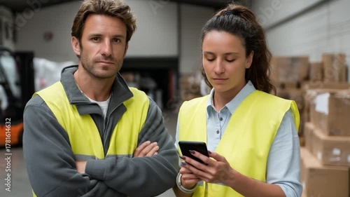 Warehouse team collaboration supply chain facility professional interaction industrial environment close-up view teamwork dynamics