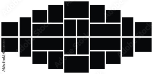 Empty Collage Photo frames. Mockup Frame layout for photo and brand grid with card illustration in black. Images portfolio presentation in different forms on wall. 