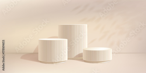 Beige bg product podium, soft plant shadow overlay. Marble 3d platform in creamy studio, leaf tree gobo. White fluted elegant pillar, cylinder platform. Skincare natural cosmetic pedestal three level
