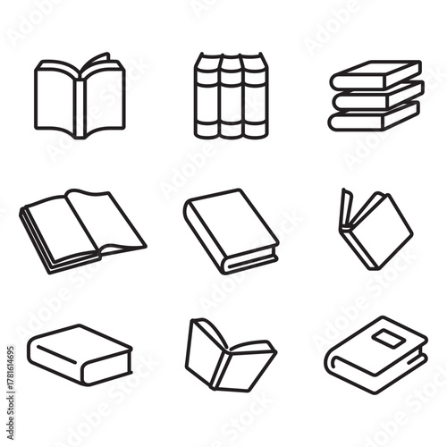 A collection of various book-shaped icons. Vector line style. Contains icons such as stacks of books, open books, and more.