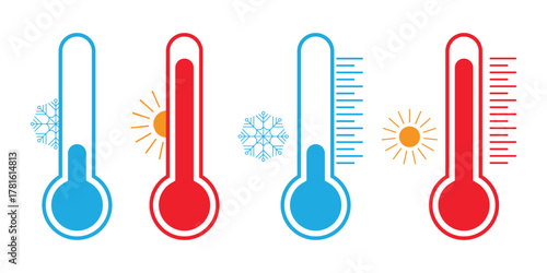 Thermometer icons — temperature symbols for hot and cold in flat vector style.