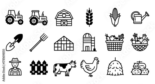 Collection of farming and agriculture icons isolated on white background, representing rural life
