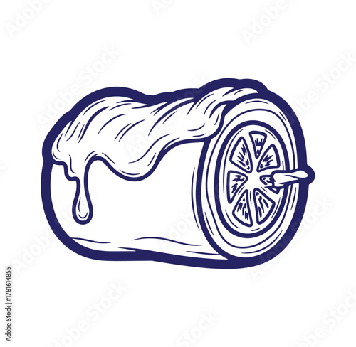 Artistic illustration of a wheel with creamy fluid elements in retro engraved style