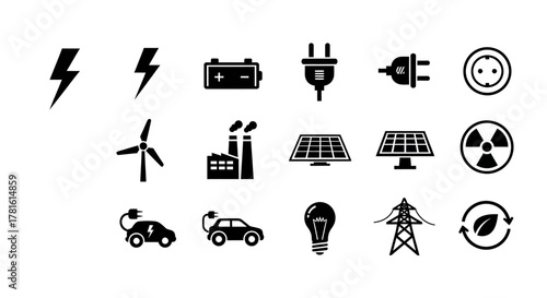 Set of energy and electricity icons isolated on white background for power generation