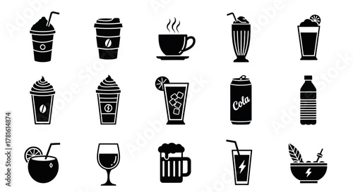 Collection of various drinks isolated on white background for beverage and refreshment