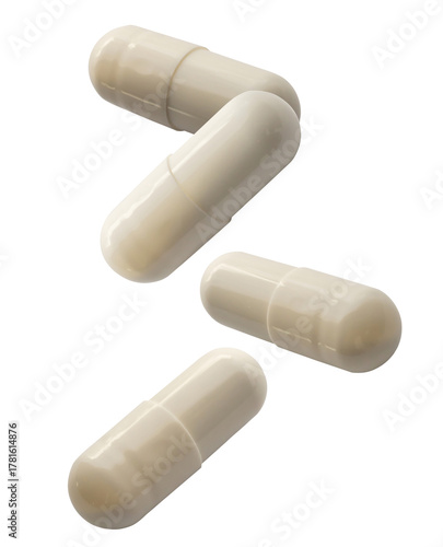 photograph of four off-white medical capsules floating or falling against a stark transparent background, symbolizing wellness, supplements, and prescription drugs.