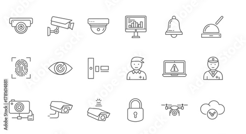 Security system icons set outline security camera, fingerprint, eye, lock and other signs