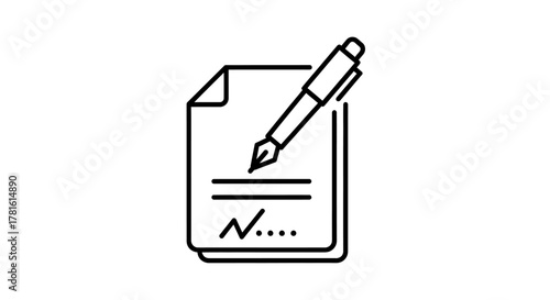 Sign contract with pen on paper in line art style isolated on white background