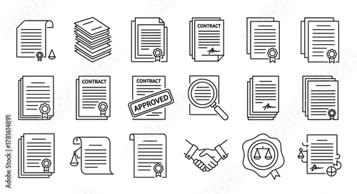 Collection of legal documents and contracts in line art style isolated on white background
