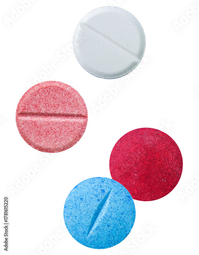 Fotografi close-up studio shot of four brightly colored round pills or tablets, isolated on a solid transparent background, representing drug use or medication