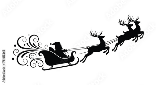 Santa claus riding in his sleigh pulled by reindeer in a festive silhouette