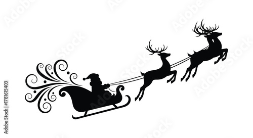 Classic silhouette of santa claus in his sleigh pulled by reindeer with a swirling festive trail