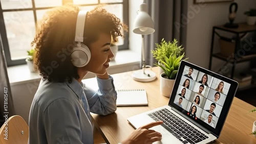 Young woman attending online meeting on laptop wearing headphones.