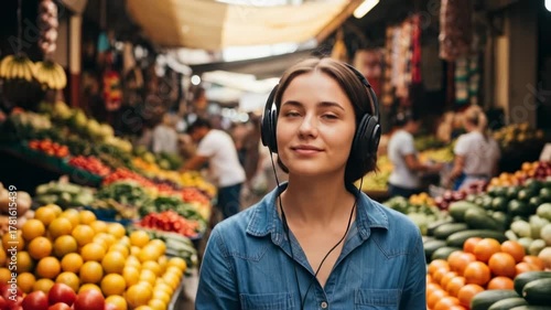 Young Woman Listening to Music with Headphones at Bustling Outdoor Market.