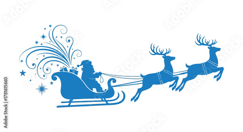 Christmas santa claus riding in a sleigh pulled by reindeer with decorative swirls silhouette