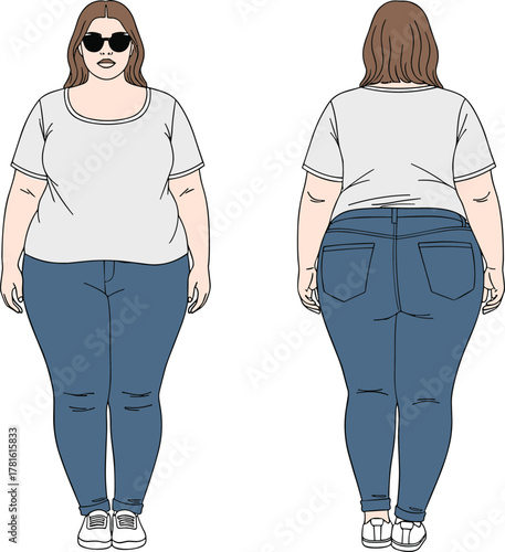 Plus size woman front and back view illustration wearing jeans and t-shirt, fashion body reference, casual outfit vector drawing
