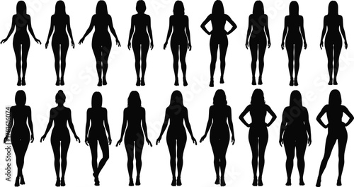 Set of diverse female body silhouettes, various women figures standing poses, anatomy reference for fashion, design, and artistic study illustration