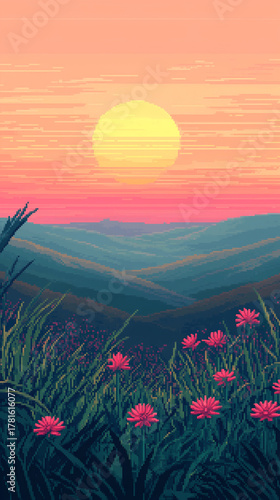 Pixel Art Sunset Over Rolling Hills with Pink Wildflowers and Warm Golden Sky