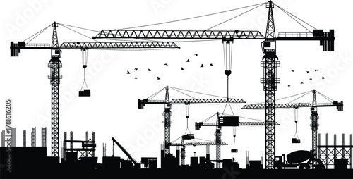 Construction site silhouette, tower cranes, industrial machinery, cement truck, scaffolding, building framework, urban development, engineering, infrastructure, black and white illustration