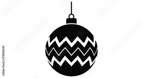 A black silhouette of an oval shaped christmas ornament with a zigzag pattern hanging from a string