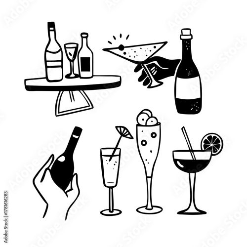 Hand drawn illustration of various alcoholic beverages