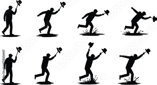 Man chasing flying hat silhouette, wind motion sequence, dynamic running poses, storyboard action, humorous moment, expressive movement, outdoor scene, urgency
