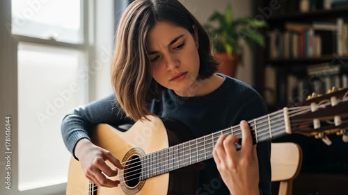Young Woman Playing Acoustic Guitar by Window at Home.