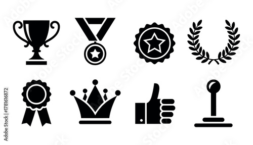 Award and Recognition Vector of Trophy, Medal, Badge, Crown, Laurel, and Ribbon Symbols