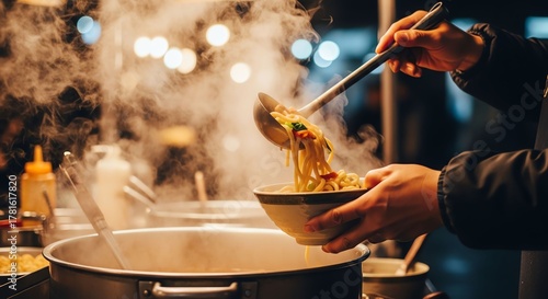 Hands Serving Hot Noodle Soup in a Street Food Stall at Night