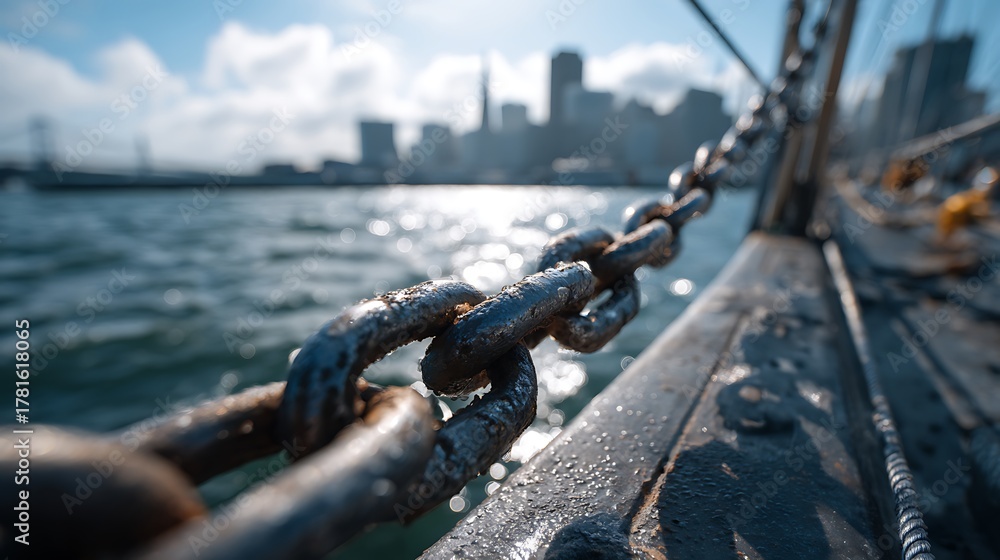 Naklejka premium Chain on Boat with Cityscape View and Water Sparkles in the Background