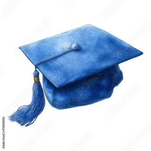 Watercolor blue graduation cap with golden tassel isolated on white background, academic success symbol illustration for education and university design