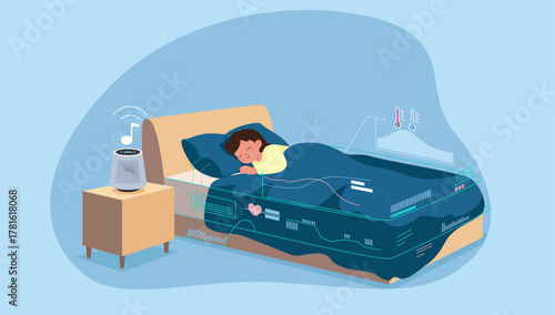 A person sleeping in a bed with integrated technology that monitors sleep patterns, temperature, and other vital signs. Smart Sleep Monitoring.