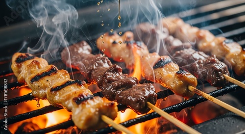 Skewered Meat Grilling on Open Flame with Smoke and Flames
