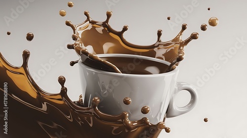 Dynamic brown liquid splash from a white ceramic cup