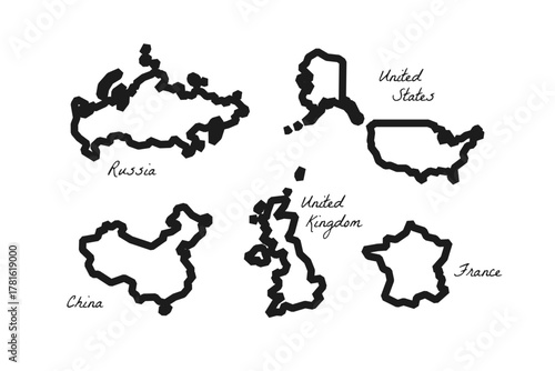UN Country map on white background. Icon stroke political map with Russia, USA, China, United Kingdom, France. Vector Illustration.	