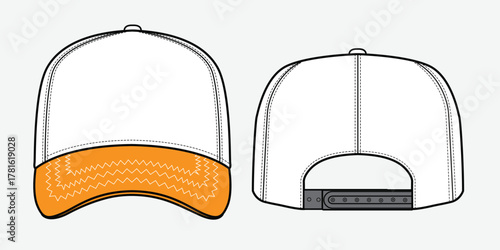 Snapback cap front and back view technical flat sketch vector mockup illustration.
