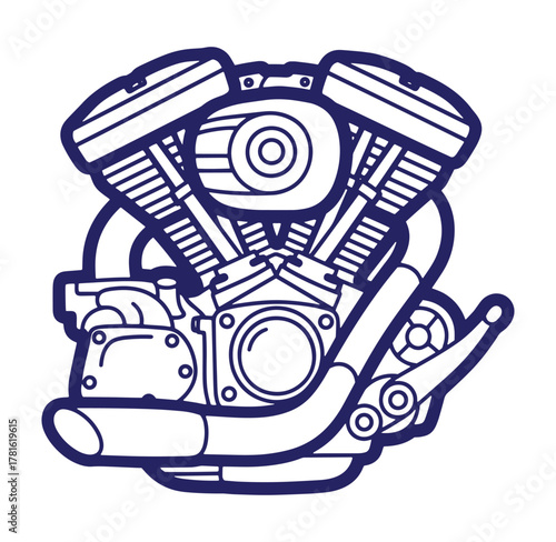 Vector illustration of a detailed motorcycle engine with exposed internal components