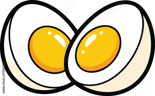 Cartoon Style Hard Boiled Eggs Halved Showing Yellow Yolks and White Egg Whites On White Background