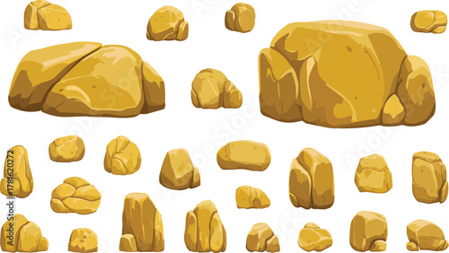Collection of golden rock illustrations in cartoon style, shiny mineral stones set for game assets, geology design or natural texture background