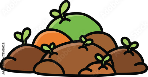 Cute cartoon pile of dirt mounds with small green sprouts and orange and green round objects in background illustration
