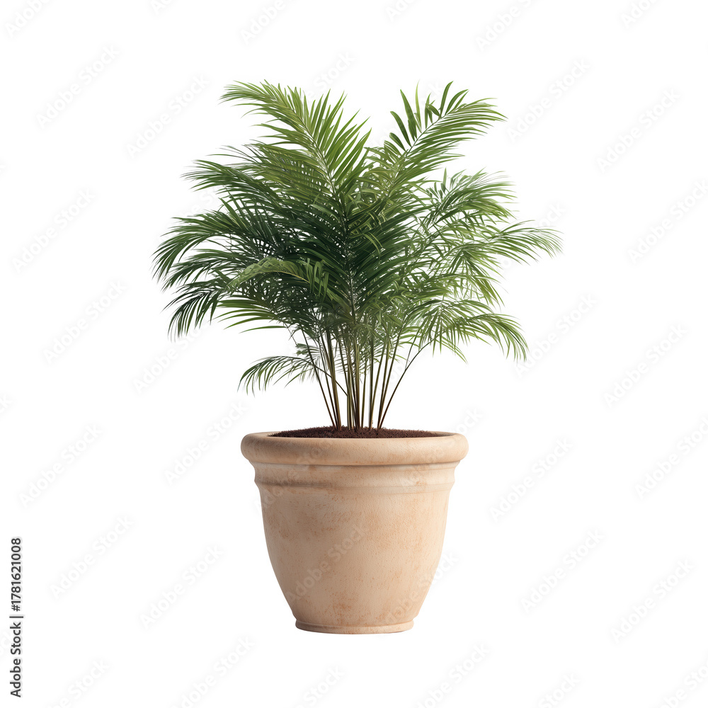 Fototapeta premium A potted palm plant, a symbol of freshness and tranquility. This image evokes feelings of nature and serenity