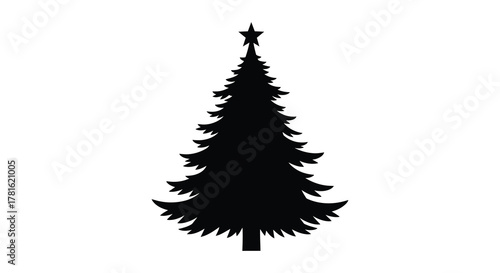 A classic evergreen christmas tree silhouette with a star on top against a white background