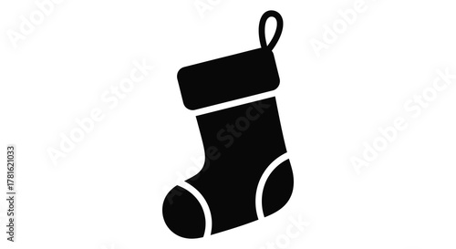 A simple black and white isometric silhouette of a christmas stocking with a hanging loop