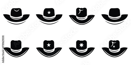 Set of Six Distinctive Black Hat Silhouettes – Cowboy, Western, and Traditional German Feather Styles | Vintage Fashion Vector Illustration