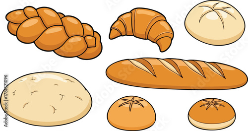 Pixel Art Assortment Of Baked Goods Including Bread Rolls And Croissant On White Background